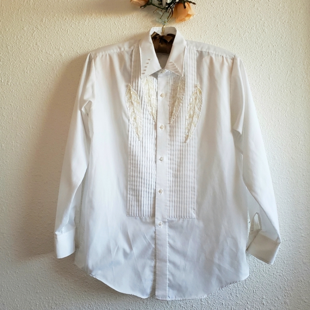 #Vintage Hunting  Park Women White Longsleeve Embellished Pleated Front Top Shir